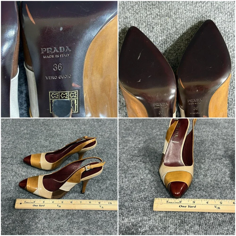 PRADA Shoes Womens 6 Multicolor Patchwork Slingback Heels Warm Toned Italy